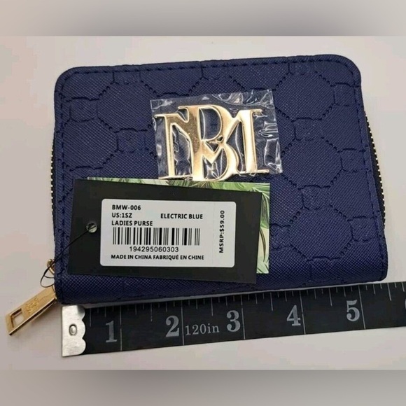 Badgley Mischka Zip Around Wallet Electric Blue Monogram Vegan Leather NWT Glam - Picture 9 of 9